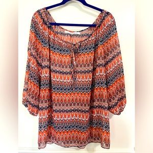 Women’s multi colored tie neck blouse